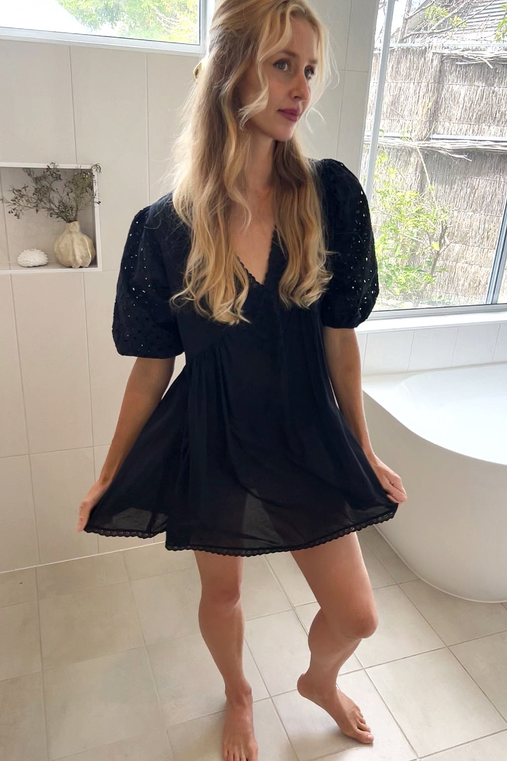 Broderie Mini Dress in Noir