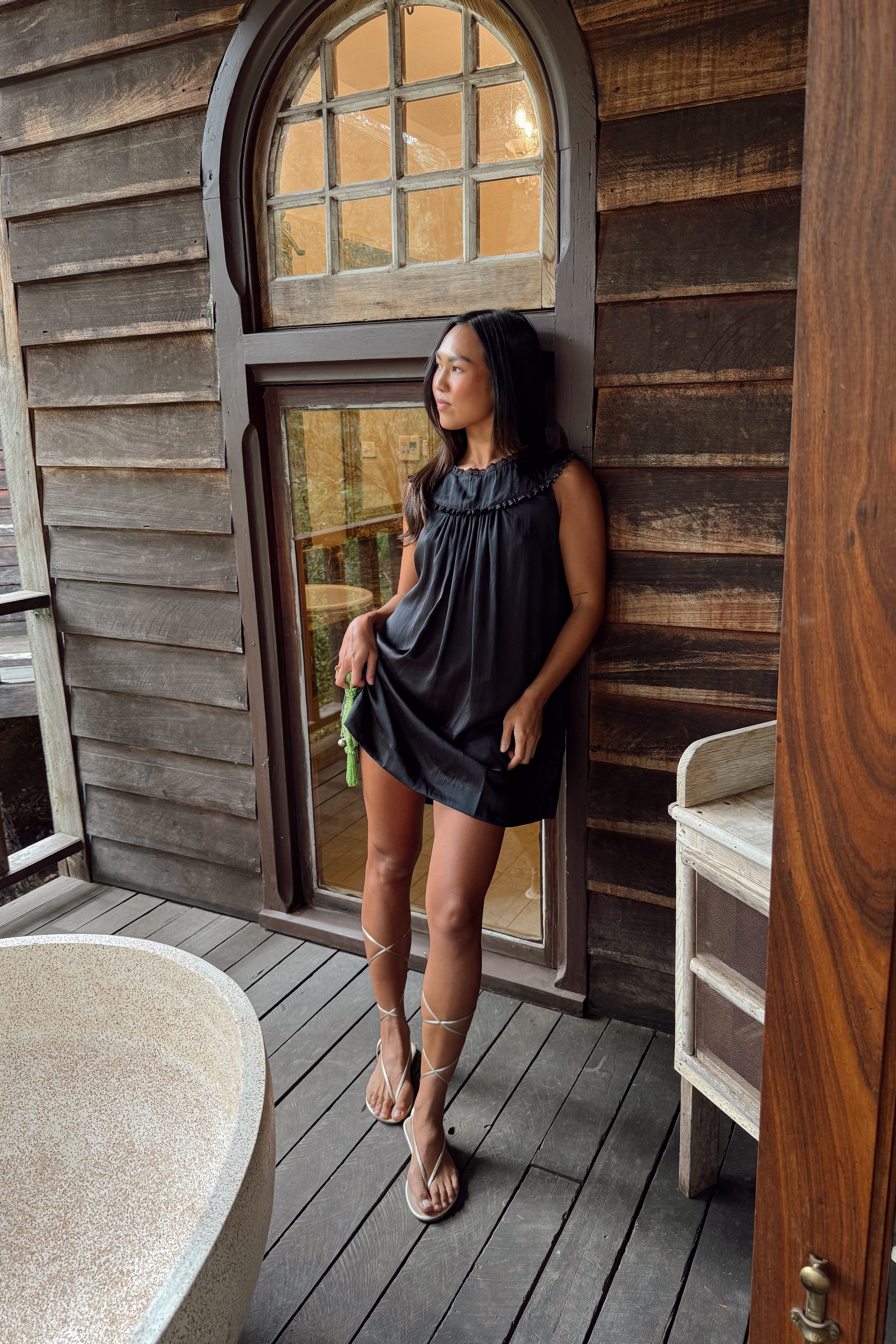 Antique Mini Dress in Silk Noir