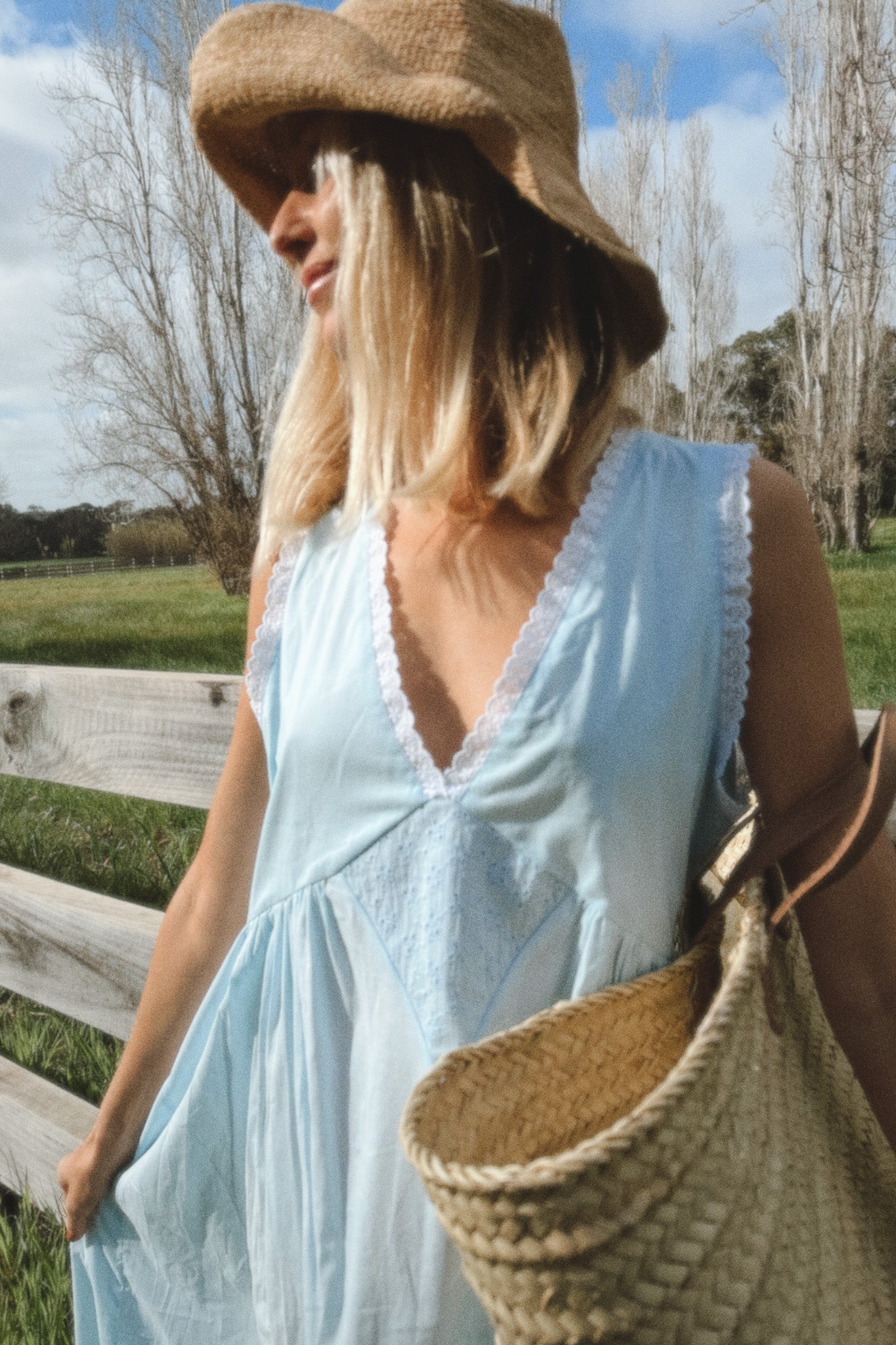 Vintage Gown in Powder Blue with Ivory Lace Dusting