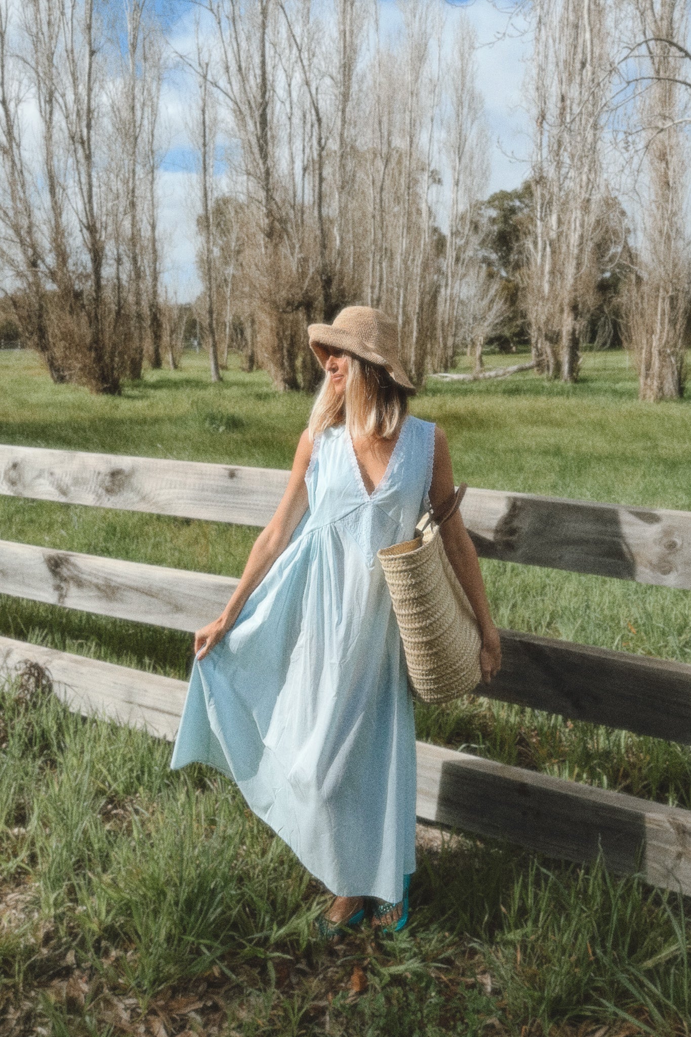 Vintage Gown in Powder Blue with Ivory Lace Dusting