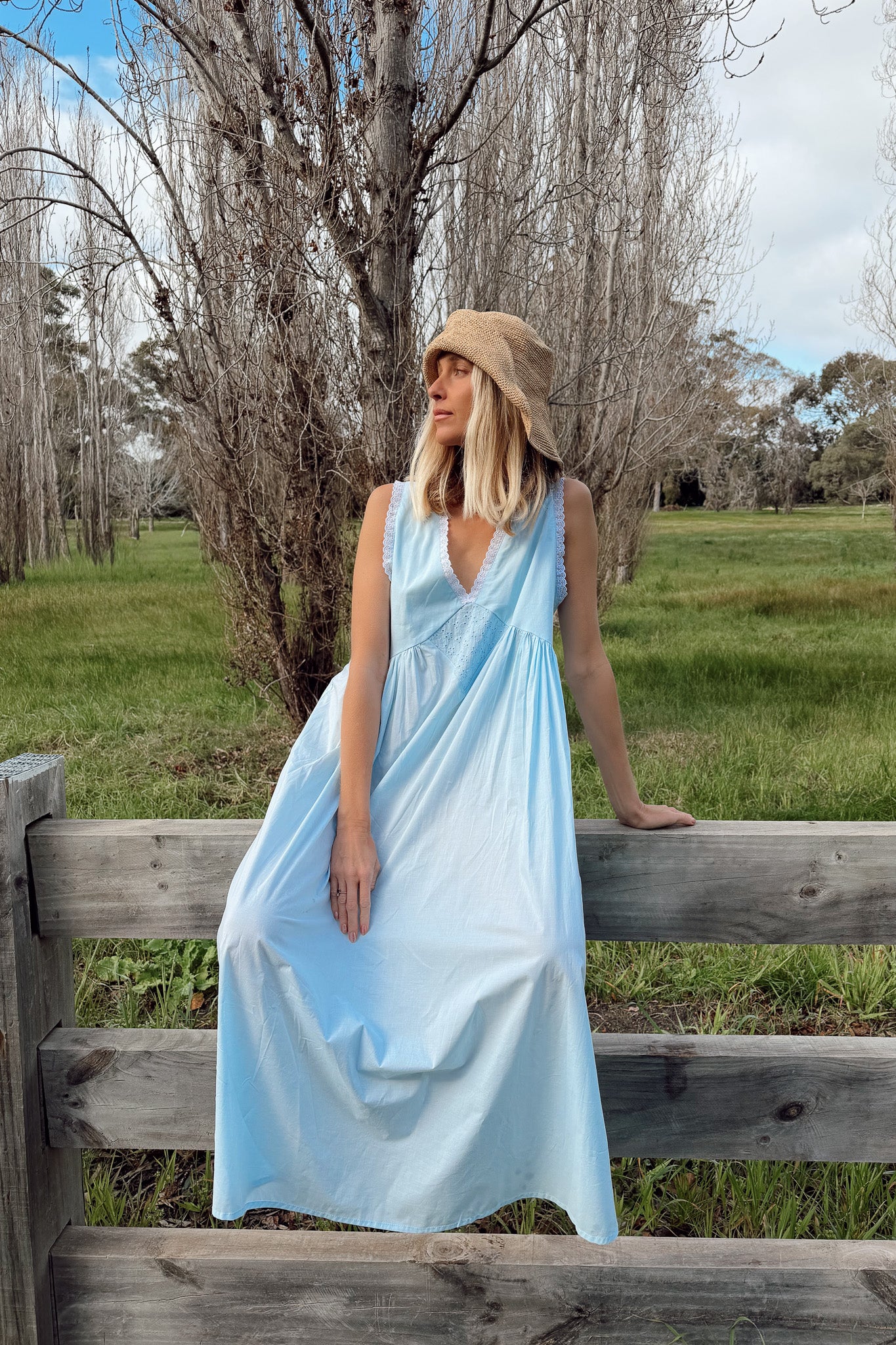 Vintage Gown in Powder Blue with Ivory Lace Dusting