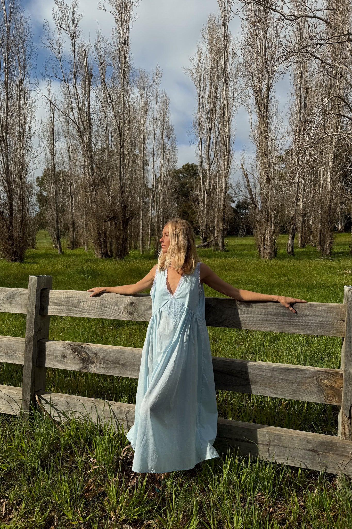 Vintage Gown in Powder Blue with Ivory Lace Dusting